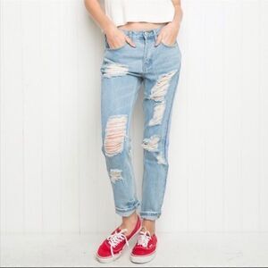 Brandy Melville Destroyed Boyfriend High Rise Jeans 100% Cotton Rigid Denim